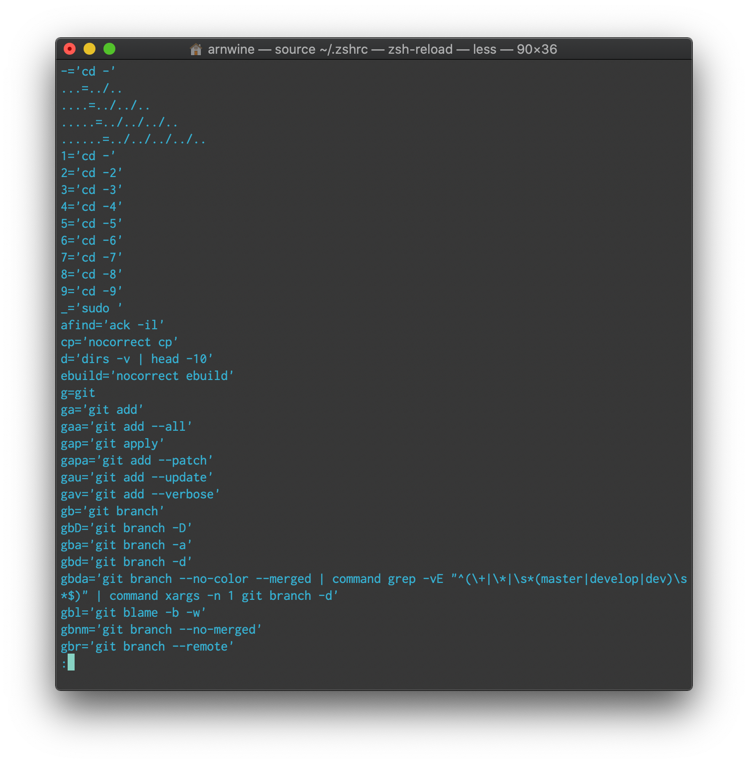 Terminal output showing many zsh aliases
