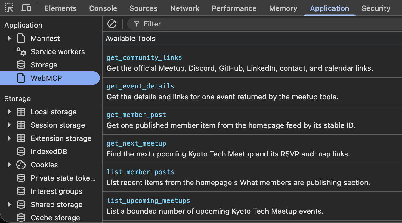 Chrome DevTools showing the six WebMCP tools registered by Kyoto Tech Meetup
